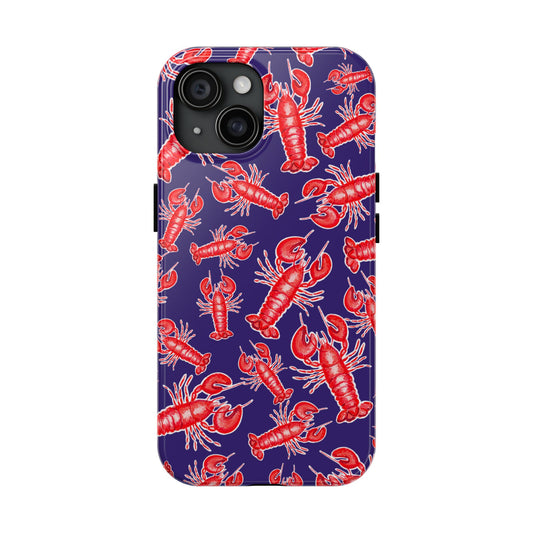 Red Lobster Watercolor Illustrated Tossed Pattern Navy Coastal Nautical Tough Phone Case | Various Models iPhone 15