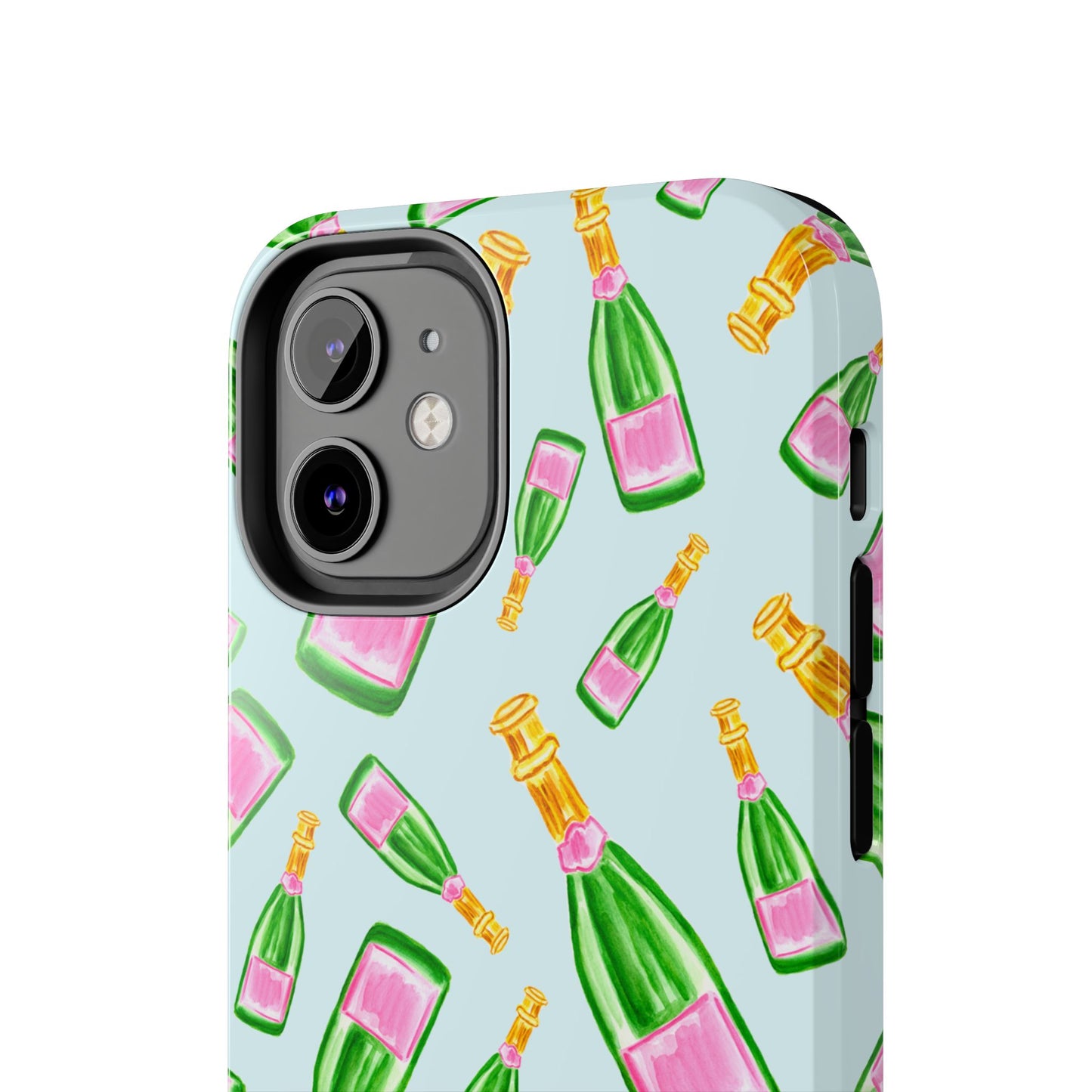 Tossed Pink and Green Watercolor Illustrated Champagne Bottles Pattern Light Blue Tough Phone Case | Various Models