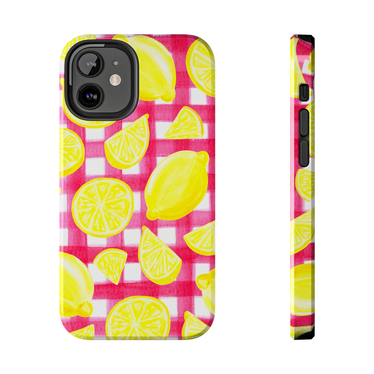 Yellow Lemons & Hot Pink Gingham Watercolor Illustrated Tough Phone Case | Various Models Available