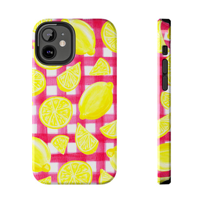 Yellow Lemons & Hot Pink Gingham Watercolor Illustrated Tough Phone Case | Various Models Available