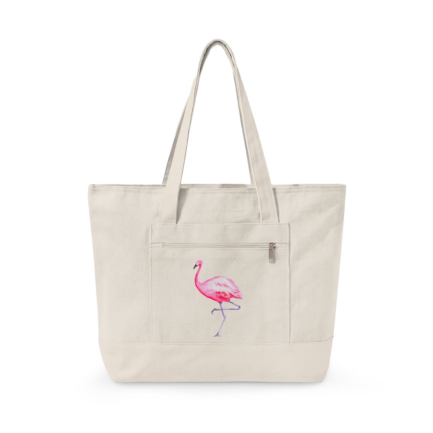 Hot Pink Flamingo Watercolor Printed Zipper Canvas Beach Tote 18" x 14" | Various Colors 18" x 14" x 4.5" Natural