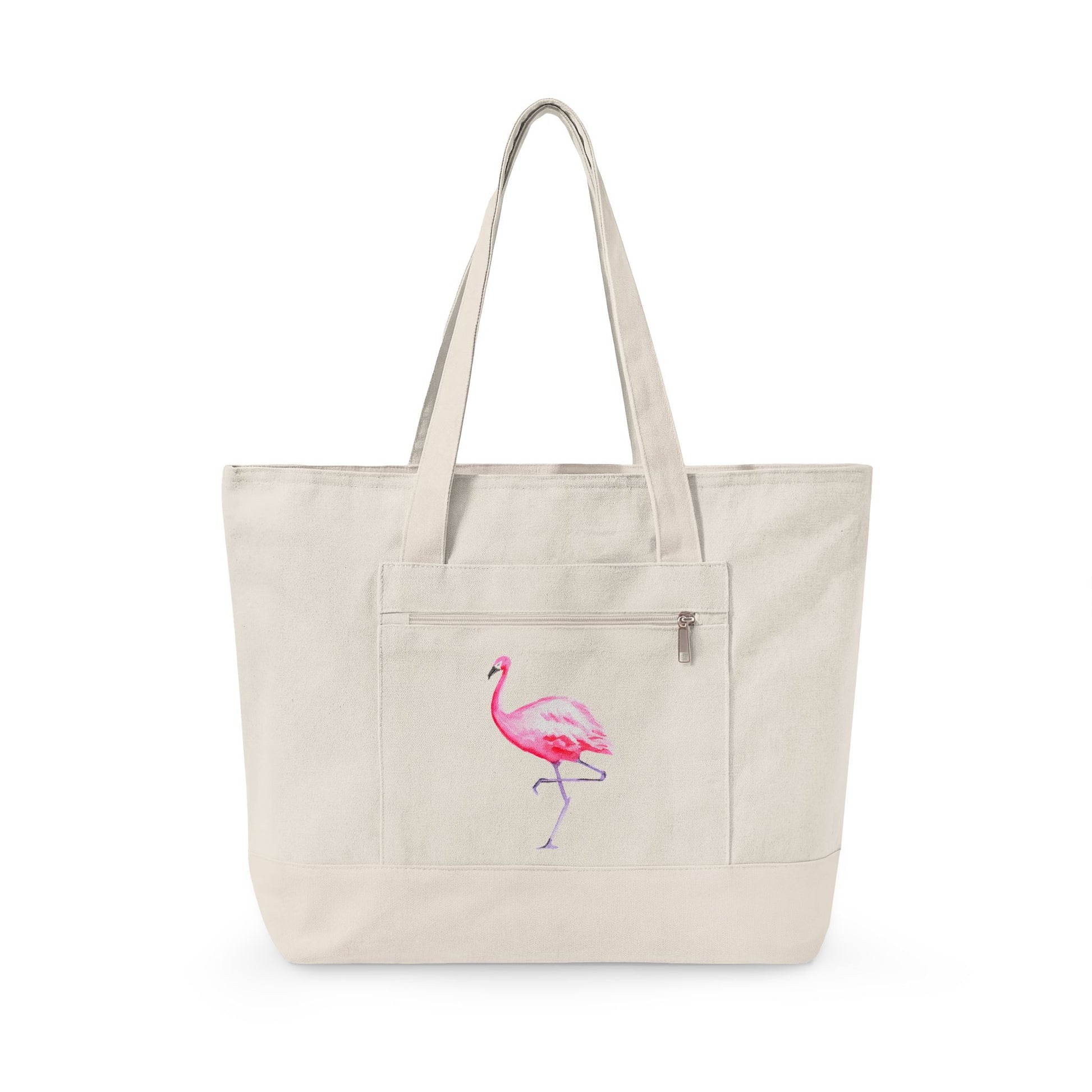 Hot Pink Flamingo Watercolor Printed Zipper Canvas Beach Tote 18" x 14" | Various Colors 18" x 14" x 4.5" Natural
