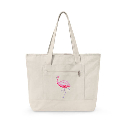 Hot Pink Flamingo Watercolor Printed Zipper Canvas Beach Tote 18" x 14" | Various Colors 18" x 14" x 4.5" Natural