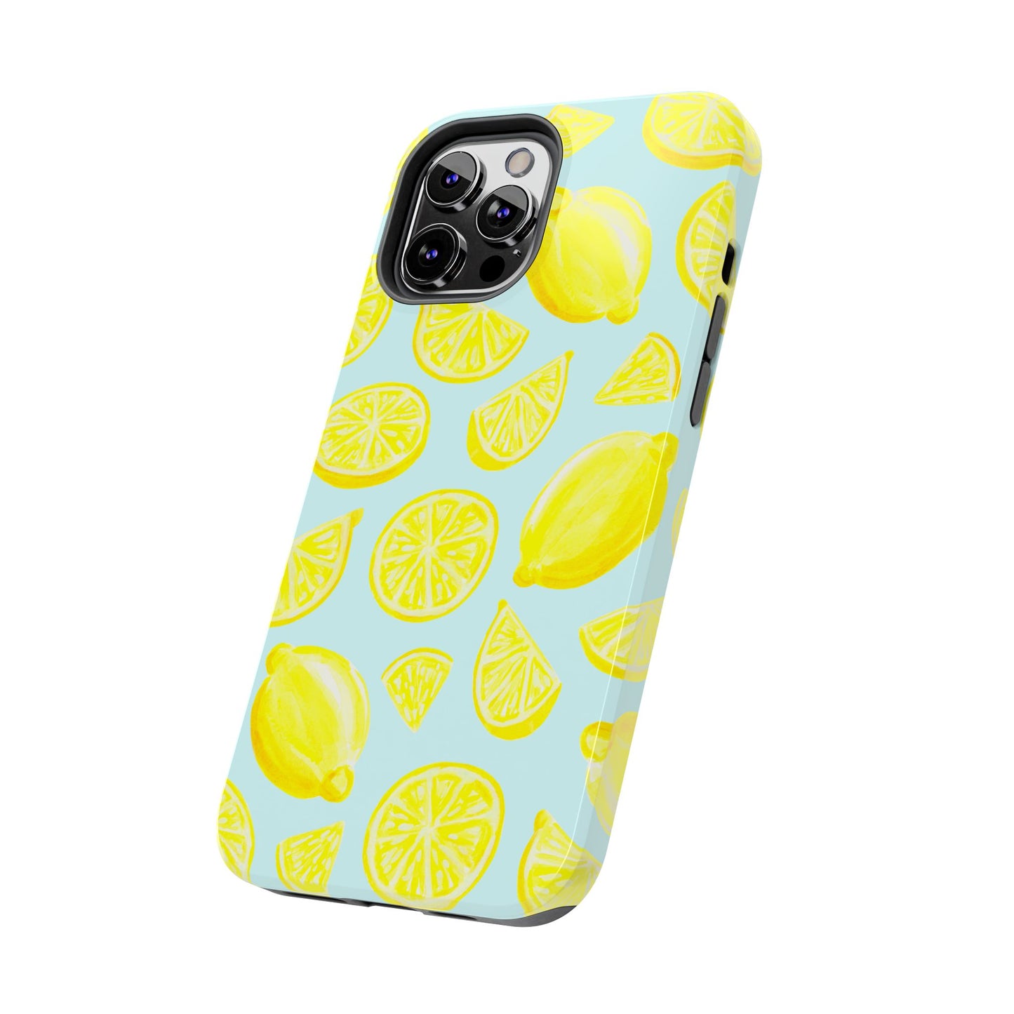 Bright Yellow Lemons Watercolor Illustrated Tossed Pattern Light Blue Tough Phone Case | Various Models