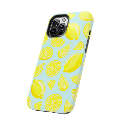 Bright Yellow Lemons Watercolor Illustrated Tossed Pattern Light Blue Tough Phone Case | Various Models