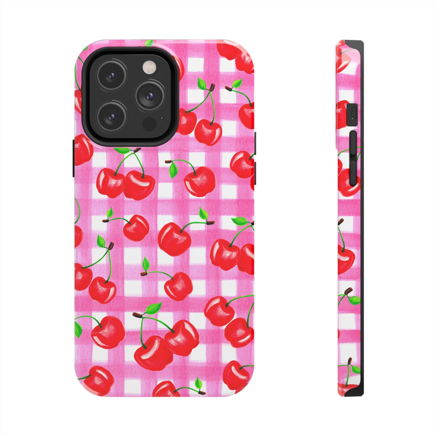 Tossed Red Watercolor Cherries Illustrated Pattern Light Pink Gingham Tough Phone Case | Various Models