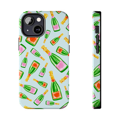 Tossed Pink and Green & Orange and Green Watercolor Illustrated Champagne Bottles Pattern Light Blue Tough Phone Case | Various Models