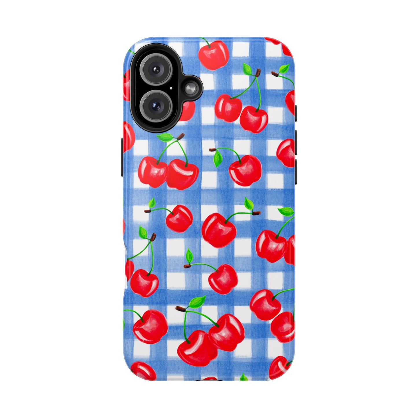 Tossed Red Watercolor Illustrated Cherries Light Blue Gingham Tough Phone Case | Various Models