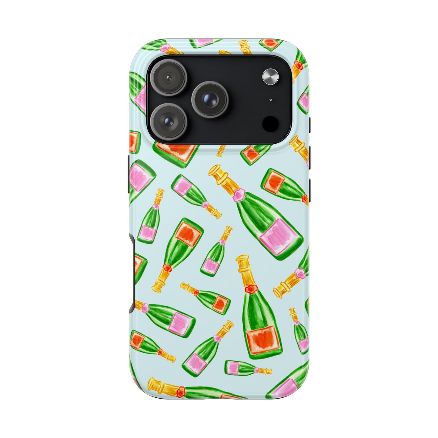 Tossed Pink and Green & Orange and Green Watercolor Illustrated Champagne Bottles Pattern Light Blue Tough Phone Case | Various Models