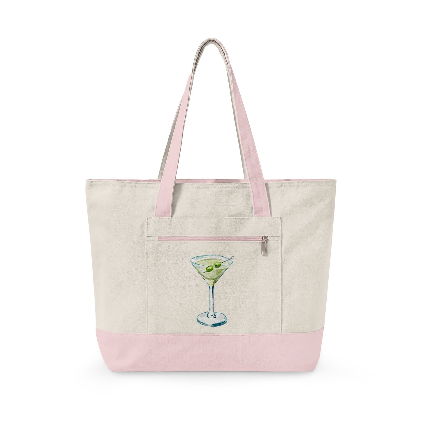 Blue Green Watercolor Martini Printed Zippered Canvas Tote 18" x 14" | Various Colors 18" x 14" x 4.5" Natural Light Pink