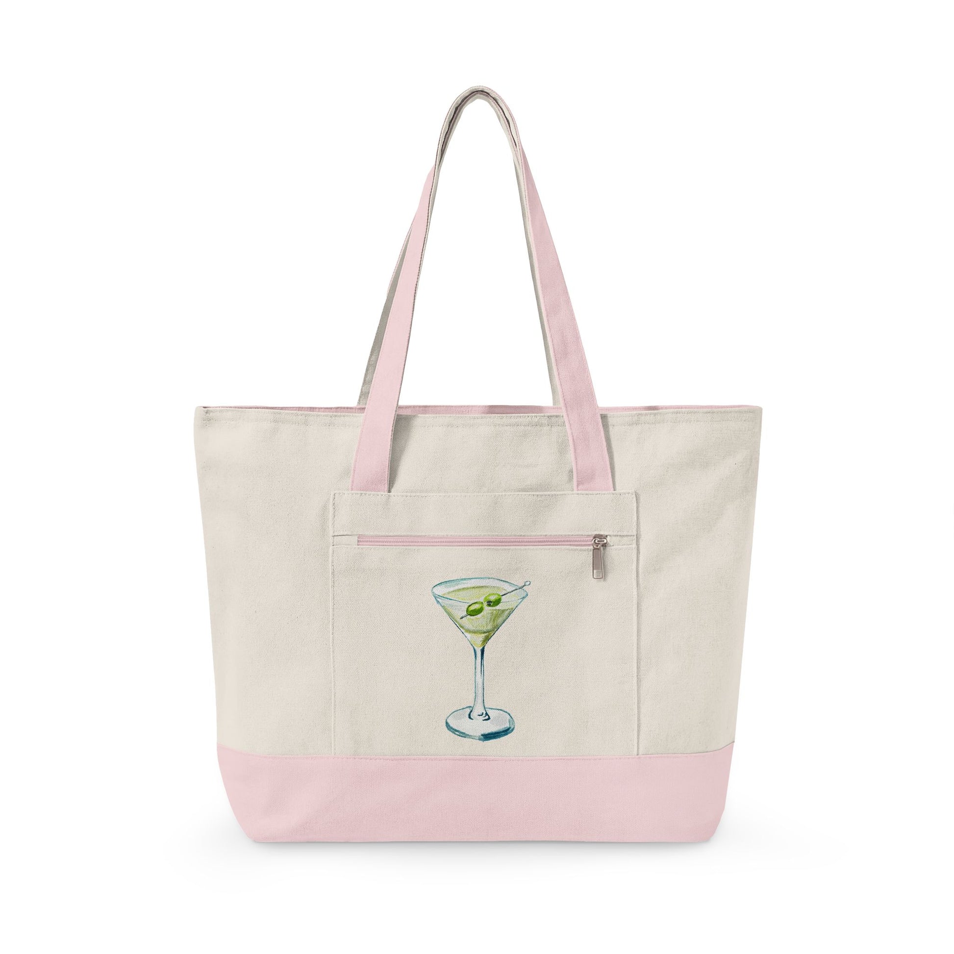 Blue Green Watercolor Martini Printed Zippered Canvas Tote 18" x 14" | Various Colors 18" x 14" x 4.5" Natural Light Pink