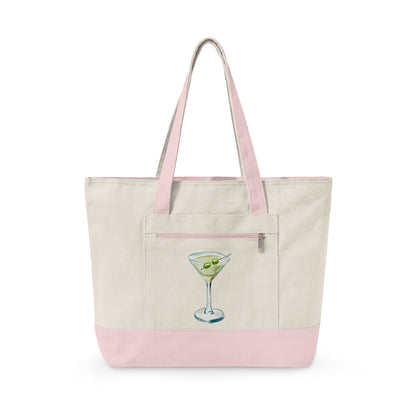 Blue Green Watercolor Martini Printed Zippered Canvas Tote 18" x 14" | Various Colors 18" x 14" x 4.5" Natural Light Pink