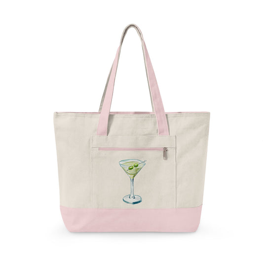 Blue Green Watercolor Martini Printed Zippered Canvas Tote 18" x 14" | Various Colors 18" x 14" x 4.5" Natural Light Pink