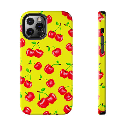 Tossed Red Watercolor Cherries Illustrated Pattern Bright Yellow Tough Phone Case | Various Models
