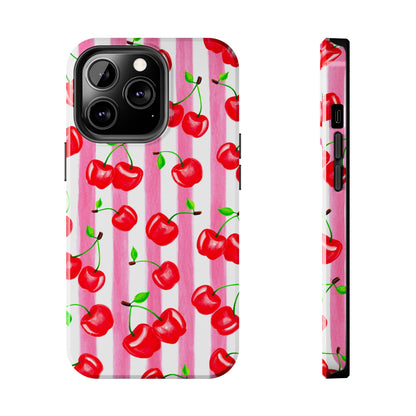 Tossed Red Watercolor Cherries Illustrated Pattern Light Pink Stripes Tough Phone Case | Various Models