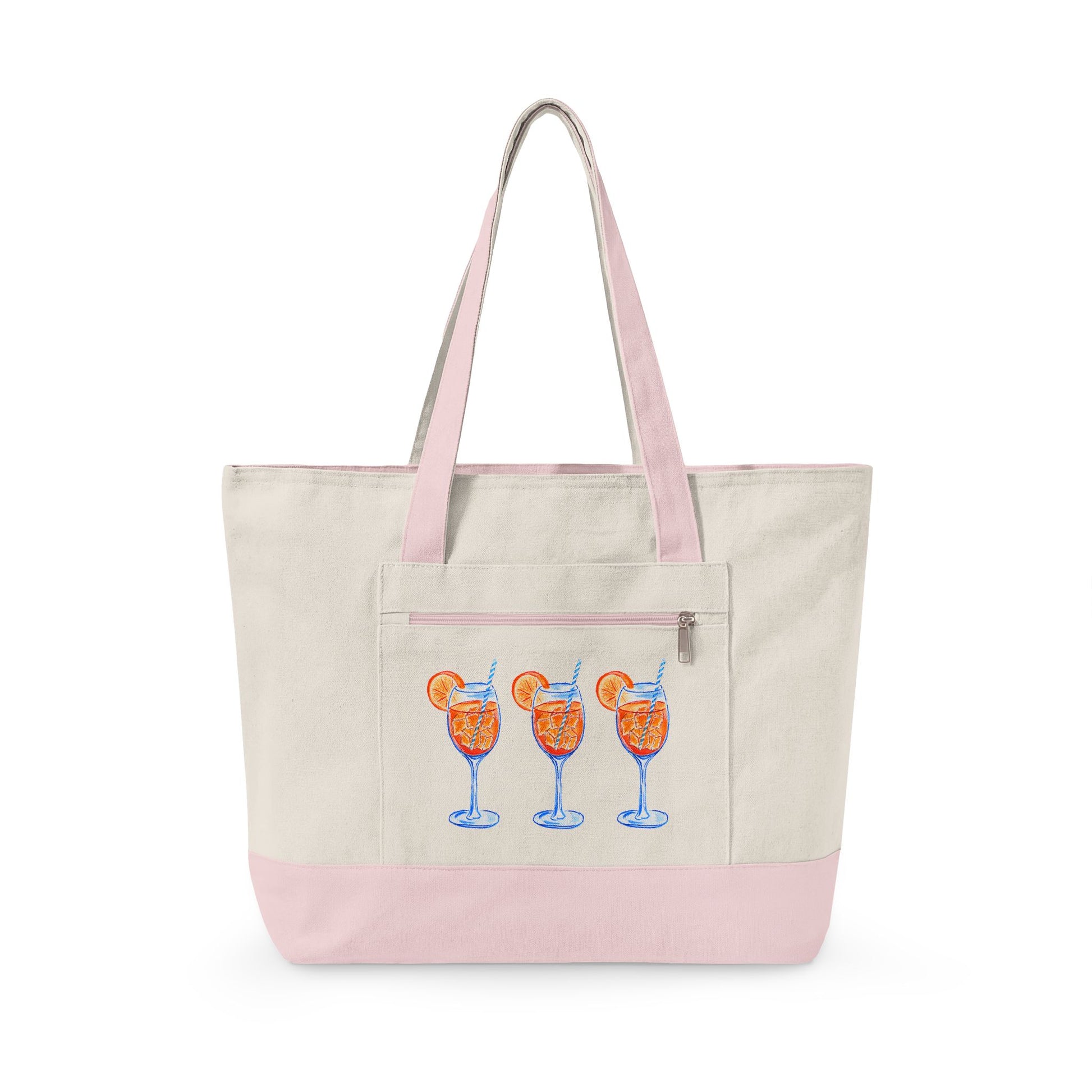 Aperol Spritz Trio Watercolor Printed Zippered Canvas Tote 18" x 14" | Various Colors 18" x 14" x 4.5" Natural Light Pink