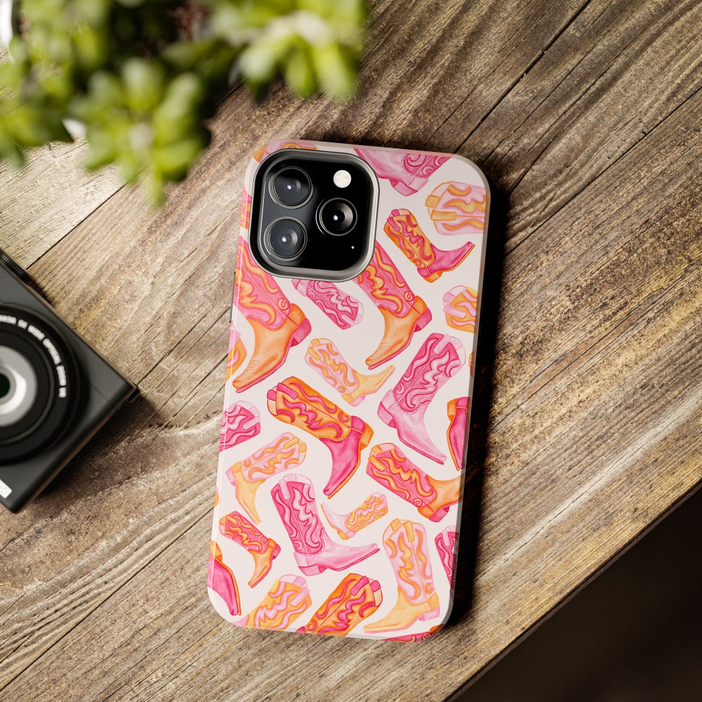 Tossed Hot Pink & Orange Watercolor Cowboy Boots Tough Light Pink Phone Case | Various Models Available