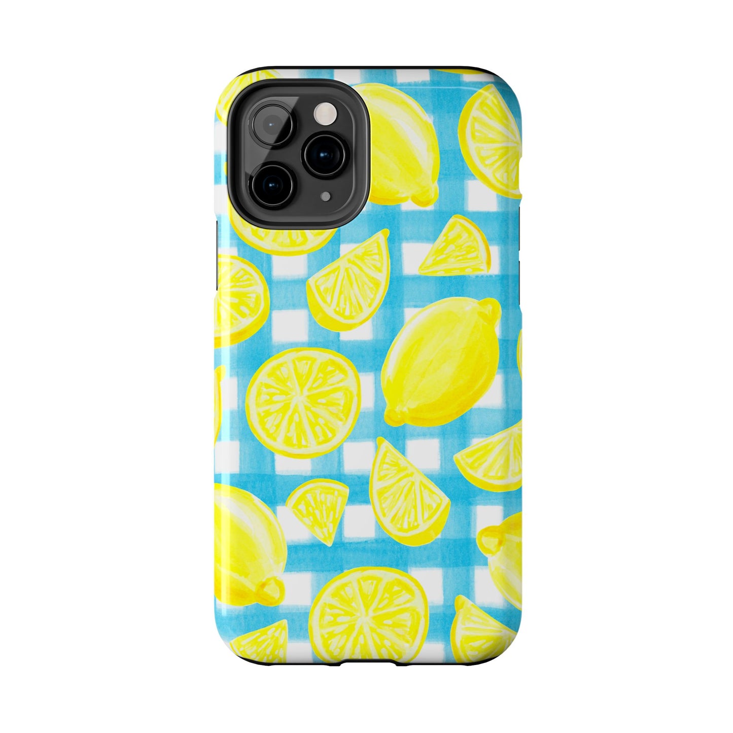 Yellow Lemons & Turquoise Gingham Watercolor Illustrated Tough Phone Case | Various Models Available