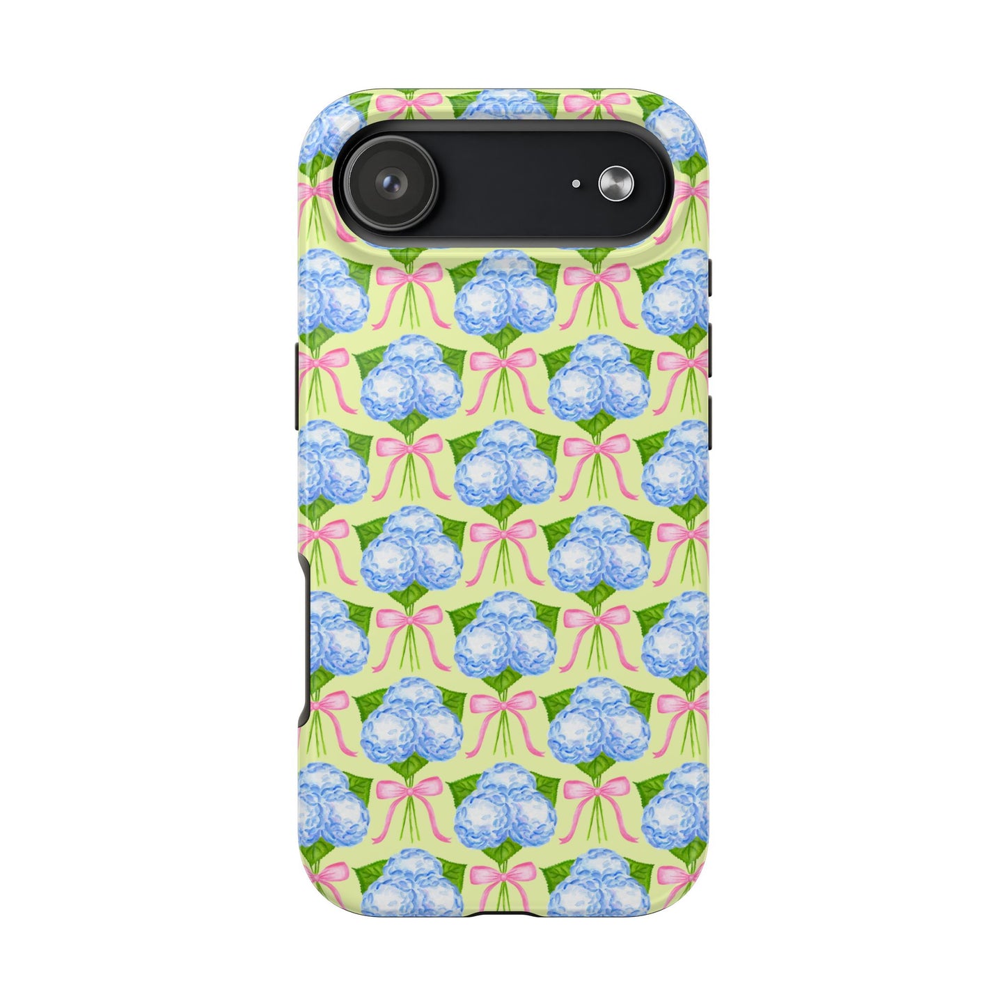 Blue Watercolor Hydrangea Bouquets with Light Pink Bows Watercolor Illustrated Patterned Yellow Tough Phone Case | Various Models