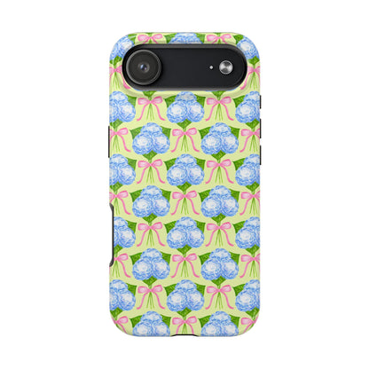 Blue Watercolor Hydrangea Bouquets with Light Pink Bows Watercolor Illustrated Patterned Yellow Tough Phone Case | Various Models