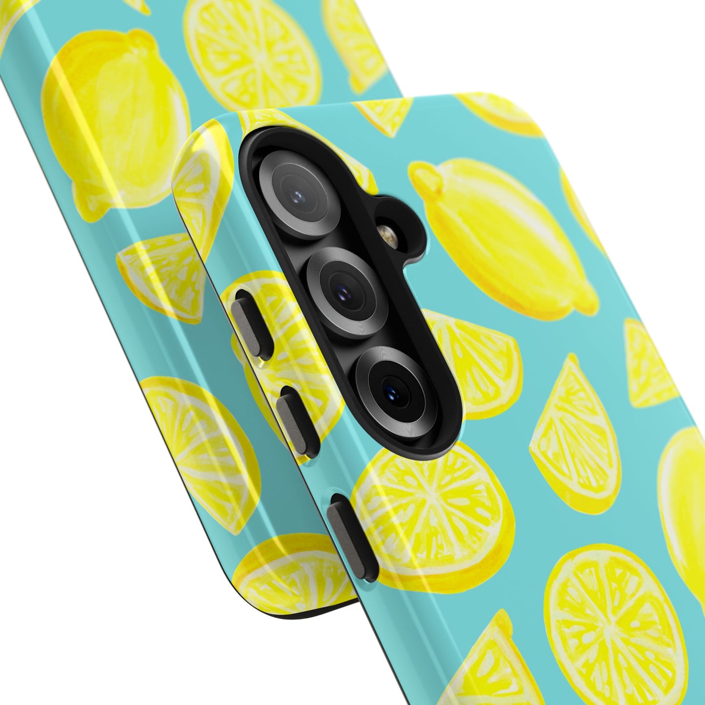Bright Yellow Lemons Watercolor Illustrated Tossed Pattern Turquoise Blue Tough Phone Case | Various Models