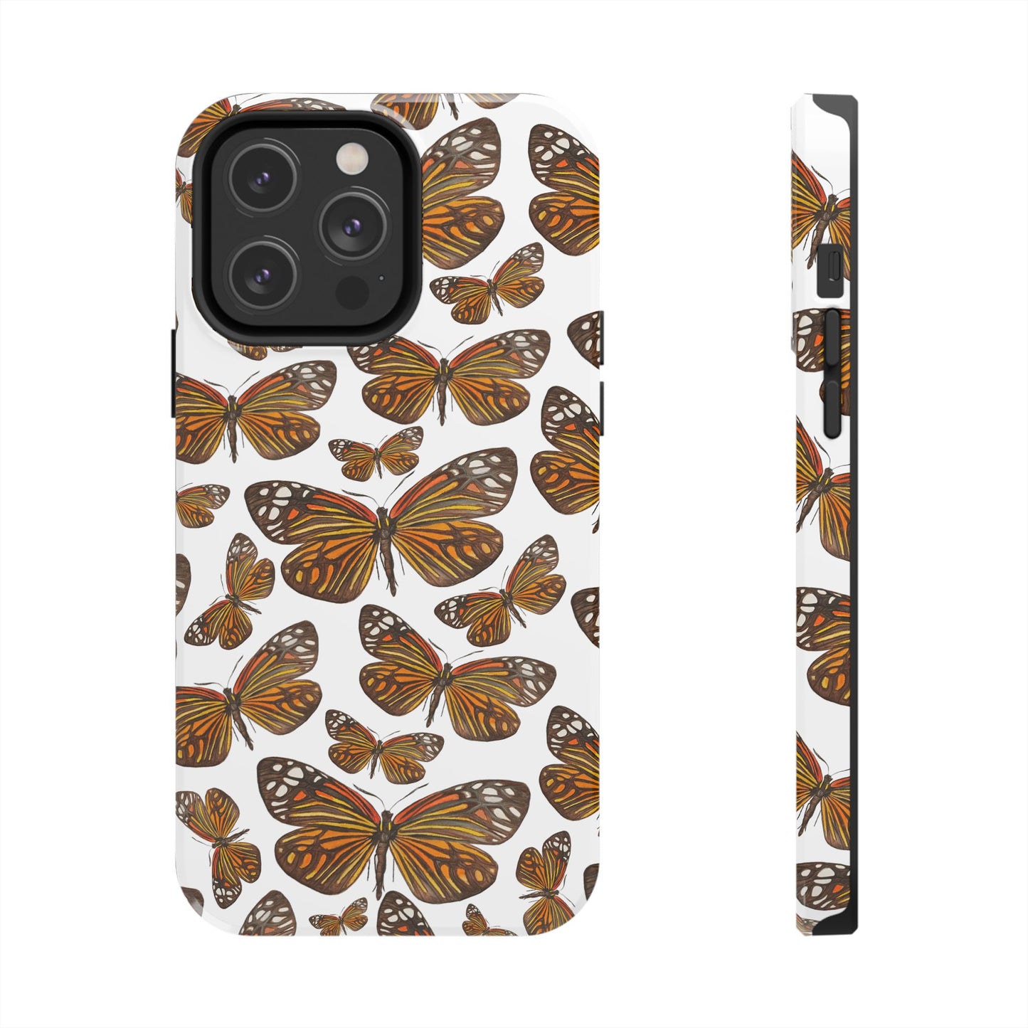 Black & Orange Butterfly Watercolor Illustrated Tossed Pattern Tough Phone Case | Various Models iPhone 14 Pro Max
