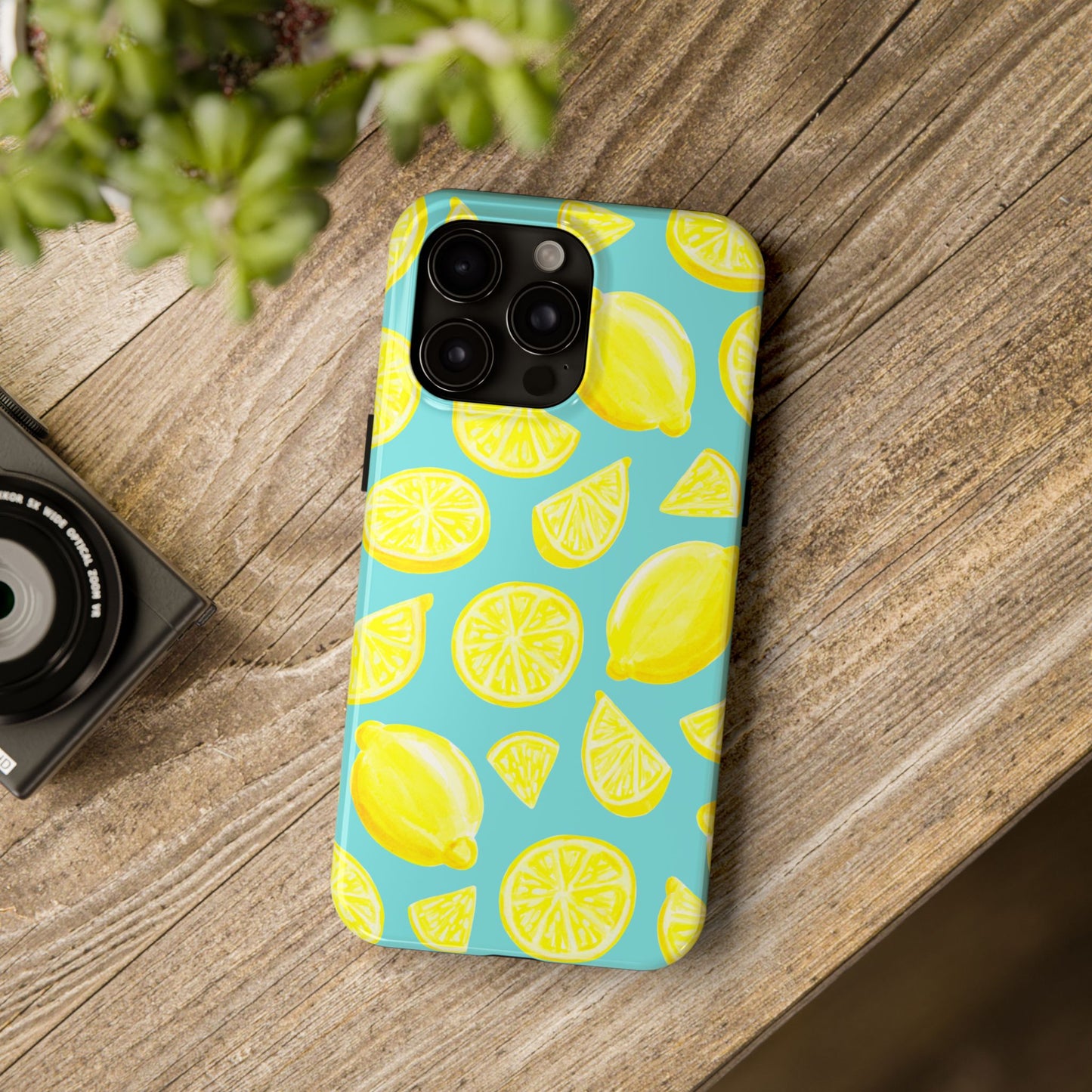 Bright Yellow Lemons Watercolor Illustrated Tossed Pattern Turquoise Blue Tough Phone Case | Various Models
