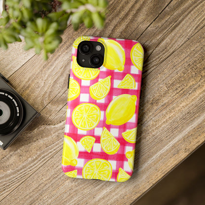 Yellow Lemons & Hot Pink Gingham Watercolor Illustrated Tough Phone Case | Various Models Available