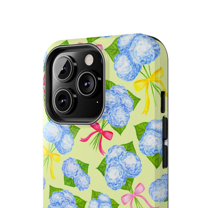Blue Watercolor Hydrangea Bunches with Hot Pink, Yellow, Light Pink Bows Illustrated Patterned Yellow Tough Phone Case | Various Models