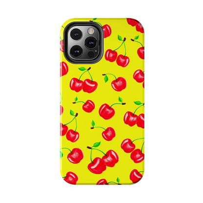 Tossed Red Watercolor Cherries Illustrated Pattern Bright Yellow Tough Phone Case | Various Models