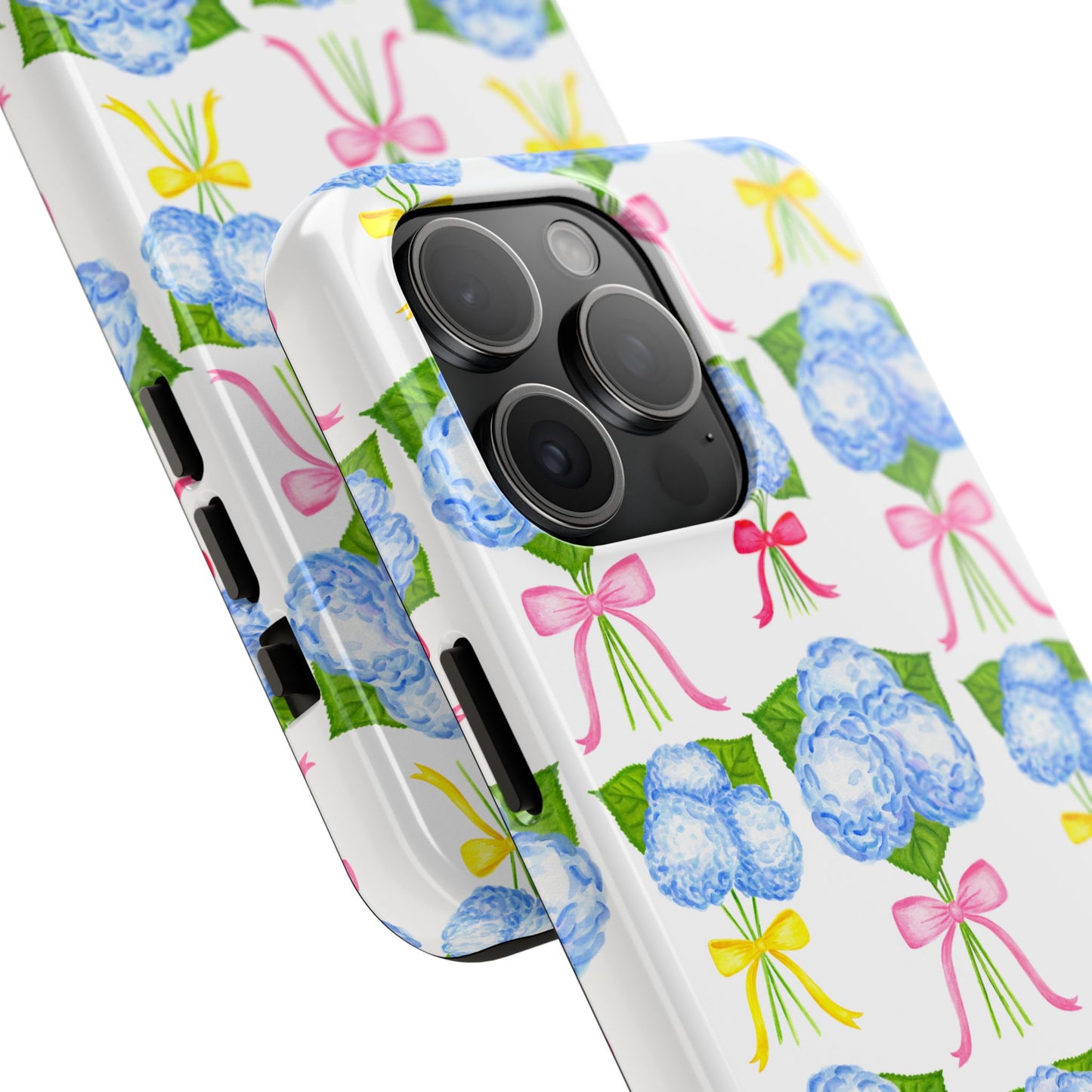 Blue Hydrangeas with Hot Pink, Yellow, Light Pink Bows Watercolor Illustrated Patterned Tough Phone Case | Various Models