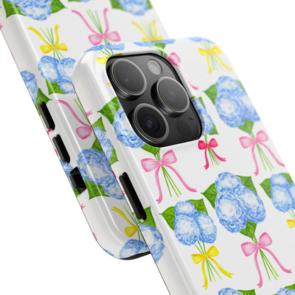 Blue Hydrangeas with Hot Pink, Yellow, Light Pink Bows Watercolor Illustrated Patterned Tough Phone Case | Various Models