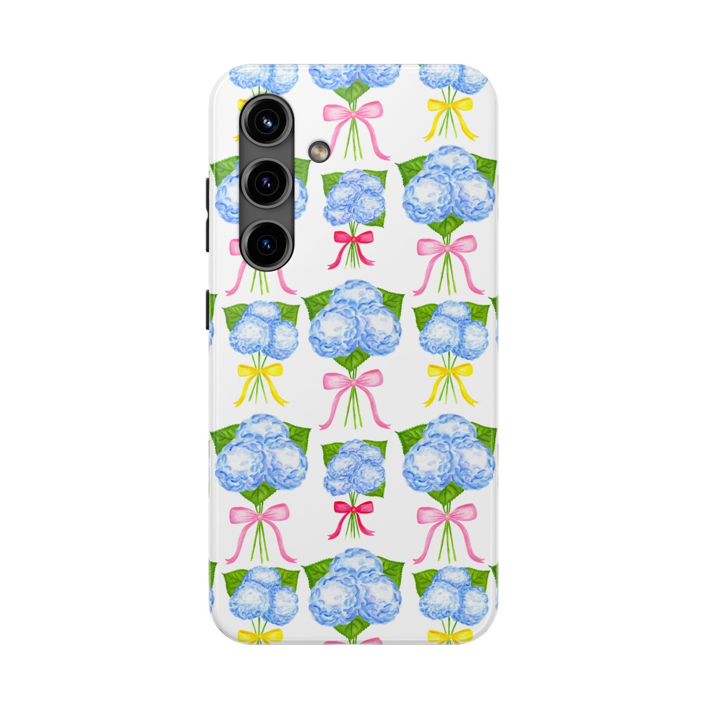 Blue Hydrangeas with Hot Pink, Yellow, Light Pink Bows Watercolor Illustrated Patterned Tough Phone Case | Various Models