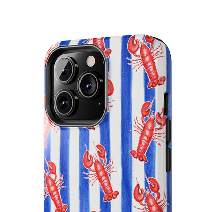 Blue & White Strip Red Lobster Watercolor Patterned Phone Case | Various Models