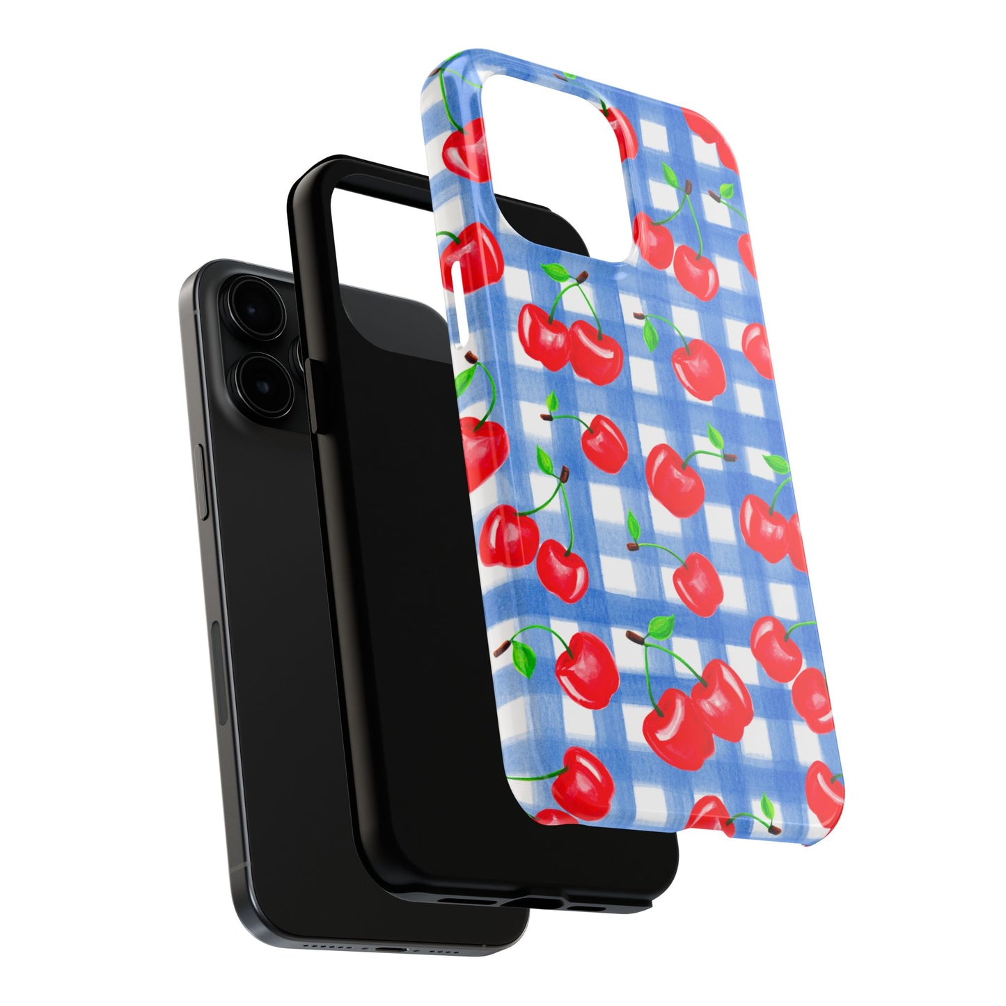 Tossed Red Watercolor Illustrated Cherries Light Blue Gingham Tough Phone Case | Various Models