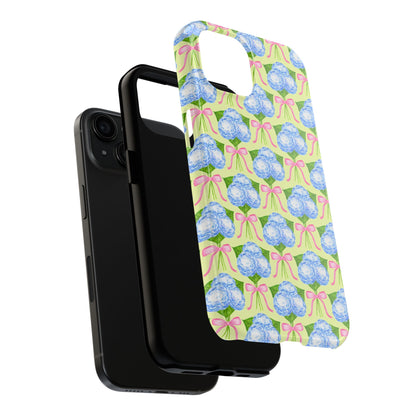 Blue Watercolor Hydrangea Bouquets with Light Pink Bows Watercolor Illustrated Patterned Yellow Tough Phone Case | Various Models
