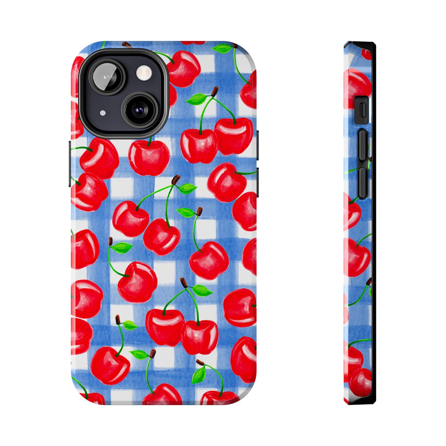 Tossed Red Cherries Blue Gingham Checkered Watercolor Illustrated Tough Phone Case | Various Models