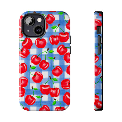 Tossed Red Cherries Blue Gingham Checkered Watercolor Illustrated Tough Phone Case | Various Models