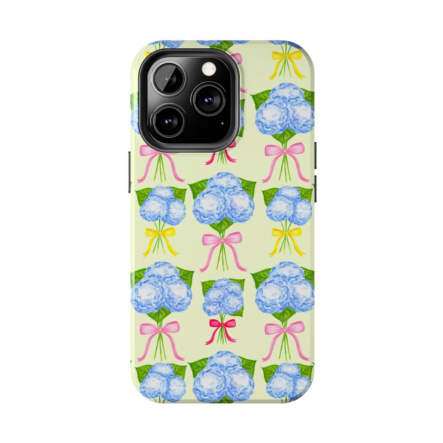 Blue Hydrangeas with Hot Pink, Yellow, Light Pink Bows Watercolor Illustrated Patterned Light Yellow Tough Phone Case | Various Models