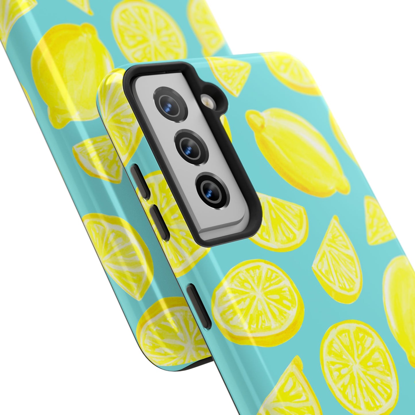 Bright Yellow Lemons Watercolor Illustrated Tossed Pattern Turquoise Blue Tough Phone Case | Various Models