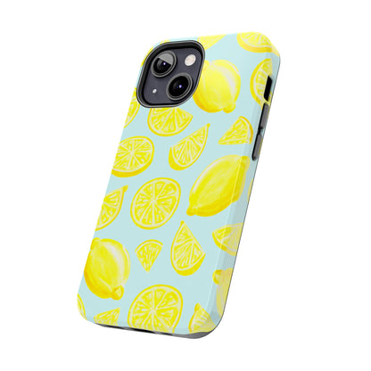 Bright Yellow Lemons Watercolor Illustrated Tossed Pattern Light Blue Tough Phone Case | Various Models
