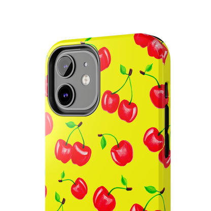 Tossed Red Watercolor Cherries Illustrated Pattern Bright Yellow Tough Phone Case | Various Models