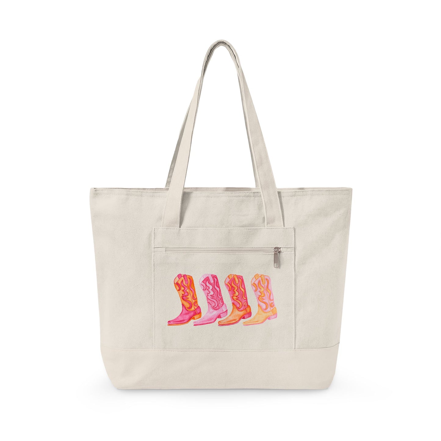 Row of Hot Pink & Orange Cowboy Boots Watercolor Printed Zippered Canvas Tote 18" x 14" | Various Colors