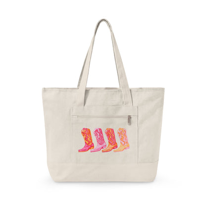Row of Hot Pink & Orange Cowboy Boots Watercolor Printed Zippered Canvas Tote 18" x 14" | Various Colors