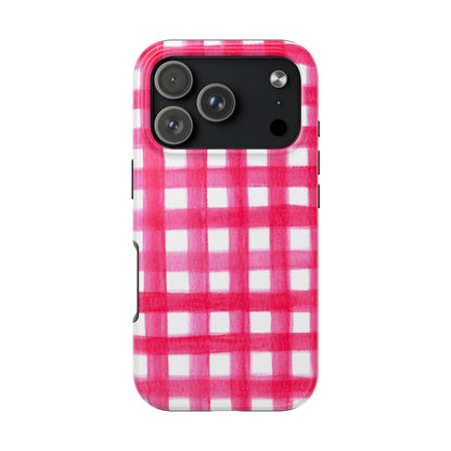 Hot Pink Gingham Watercolor Preppy Tough Phone Case | Various models iPhone 17 Pro
