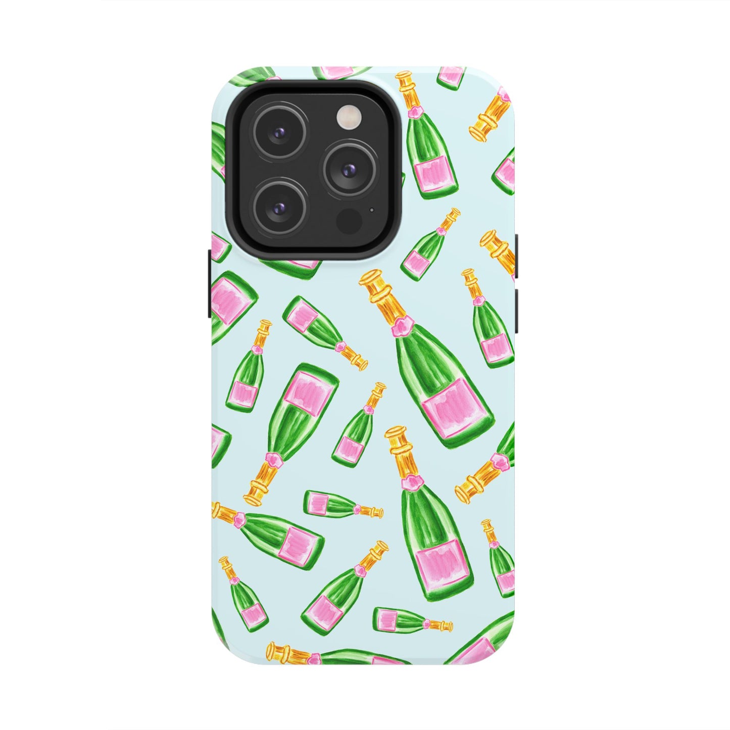 Tossed Pink and Green Watercolor Illustrated Champagne Bottles Pattern Light Blue Tough Phone Case | Various Models