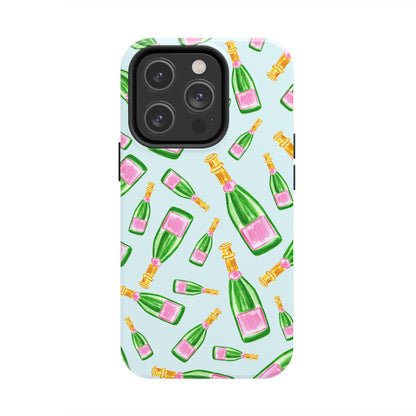 Tossed Pink and Green Watercolor Illustrated Champagne Bottles Pattern Light Blue Tough Phone Case | Various Models