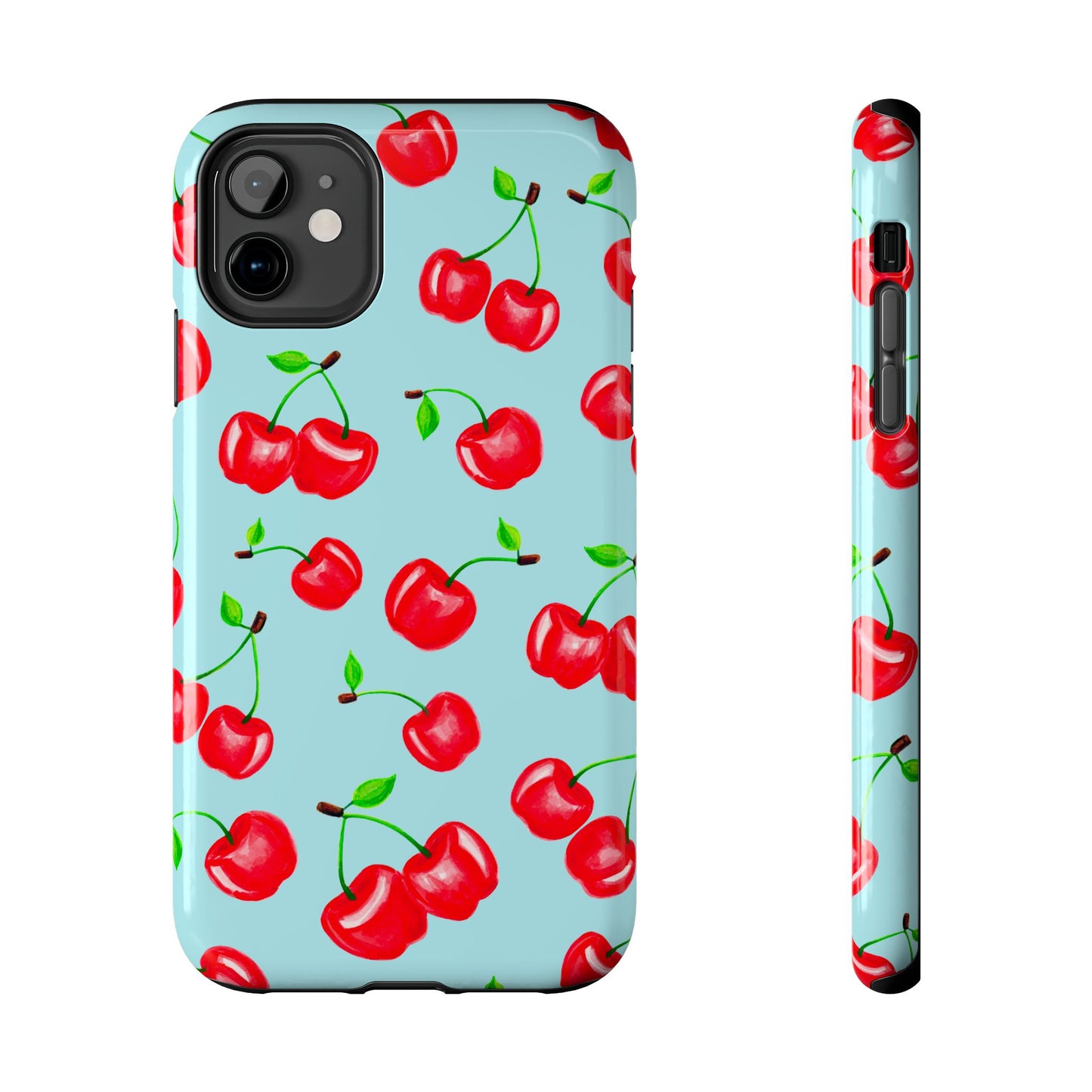 Tossed Red Watercolor Cherries Illustrated Pattern Bright Blue Tough Phone Case | Various Models