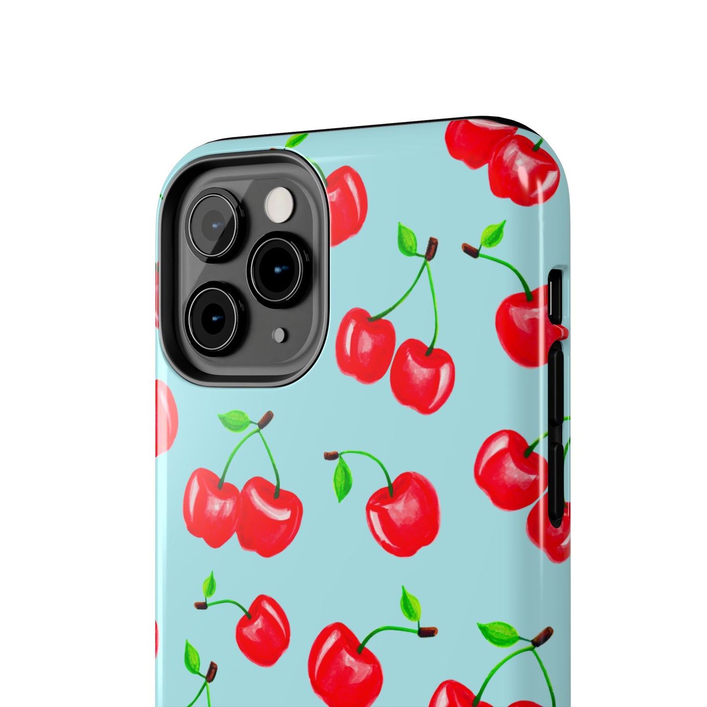 Tossed Red Watercolor Cherries Illustrated Pattern Bright Blue Tough Phone Case | Various Models