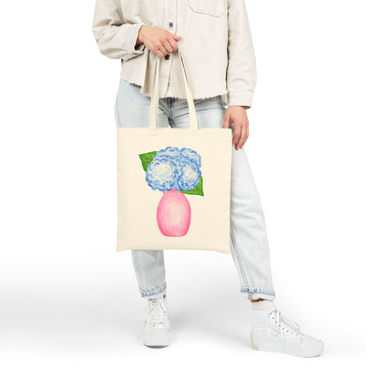 Canvas Book Tote | Blue Hydrangeas in a Light Pink Vase Watercolor Printed Farmers Market Tote | Cocktail Bachelorette Gift Hostess